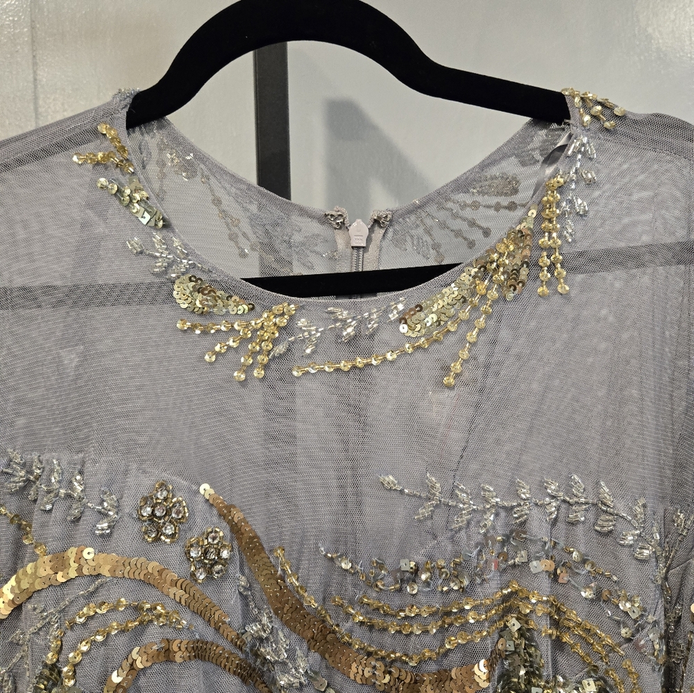 NWT Mac Duggal PLATINUM GOLD LONG SLEEVE EMBELLISHED ILLUSION GOWN… - Picture 6 of 12
